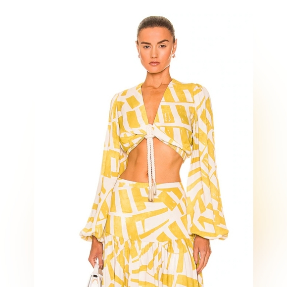 NWT House of Harlow 1960 Top Skirt printed Set Linen Rayon XS/S white mustard - Picture 2 of 5